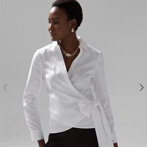 WHITE HOUSE BLACK MARKET Womens 12 White Poplin Tie Waist Career Shirt NWT